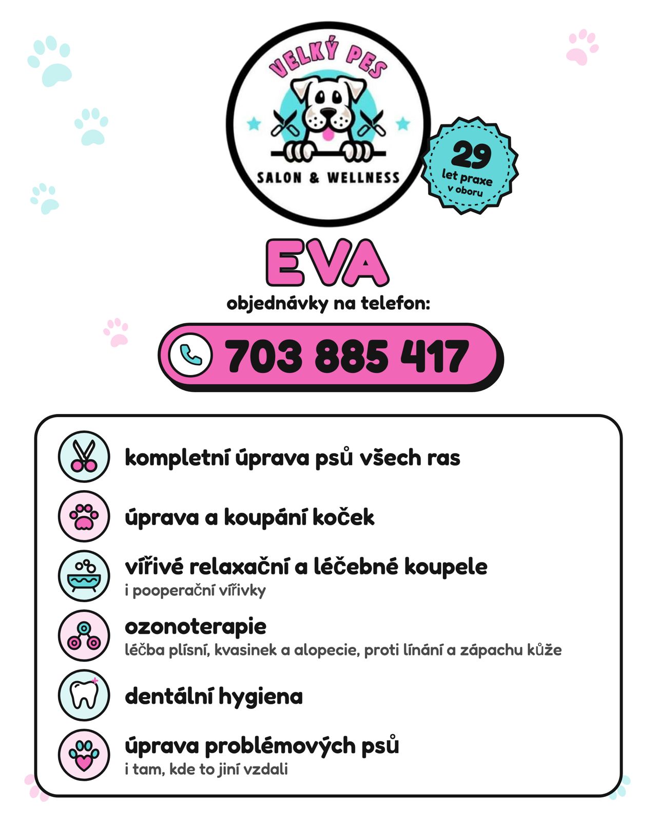 Leták salonu Velký Pes: Eva, telefon 703 885 417 a přehled služeb